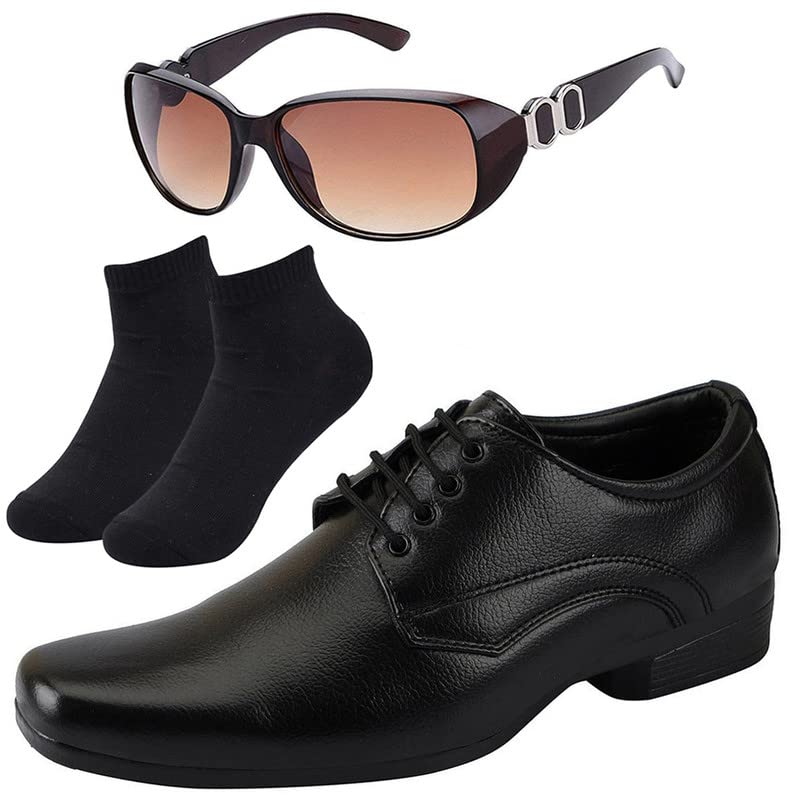 Men Black Lace Formal Shoes with Black Socks & Women Gaga Brown-image-48