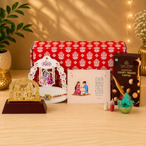 Image of Giftana Rakhi Gift Set for Brother with Radha Krishna Rakhi, Ganesh Ji and Laxmi Ji Idol, Raksha Bandhan Greeting Card Gift Set, Raksha Bandhan Gift Combo for Bhai & Bhaiya