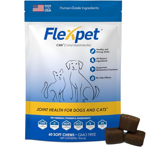 FlexPet Hip & Joint Supplement for Dogs & Cats with Cetyl Myristoleate, Glucosamine, Collagen, MSM - Max Strength Joint Support for Mobility, Senior Pets, Large Breeds - 60 Soft Chews (Bacon/Cheese)