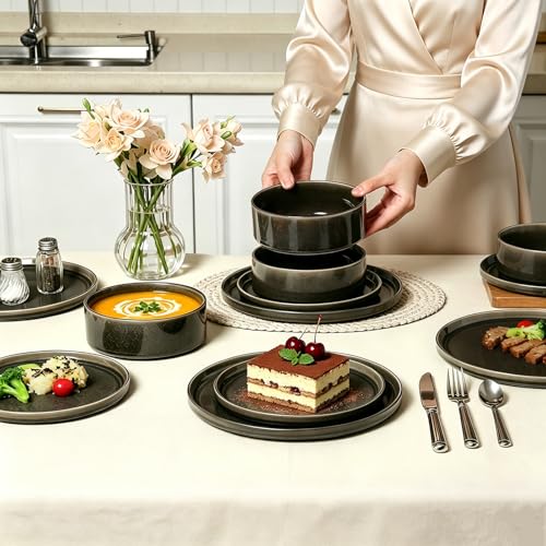 Image of Dinnerware Sets for 4, ceramics Plates and Bowls Set, 12-Piece Modern Stoneware Dinnerware - Chip Resistant, Non-Toxic, Dishwasher and Microwave Safe Tableware, Black