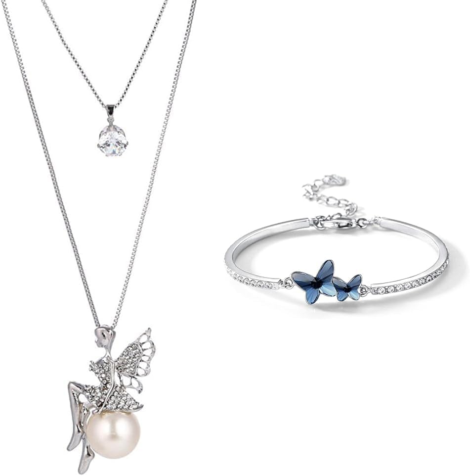Long Chain Angel Wings Pendent & Women Valentine Gift Blue Stylish Crystal Silver Platinum Plated Cubic Zirconia Charm Bracelet for Women & Girls