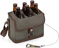 PICNIC TIME Porta-cerveja com abridor de garrafa de cerveja, pacote com 6, bolsa térmica de cerveja, presentes de cerveja para homens, (verde cáqui com detalhes marrom).