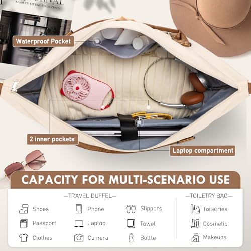 WOOMADA Weekender Bag for Women,Travel Carry On Bag with Shoe Compartment, Hospital Mom Bag for Labor and Delivery, Overnight Travel Duffle Bag with Toiletry Bag(beige&brown)4