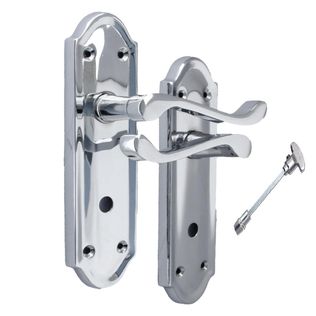 Epsom Door Handle Polished Chrome Bathroom Lever Set – Backplate Design – Includes Privacy Sash Mechanism – 1 Pair