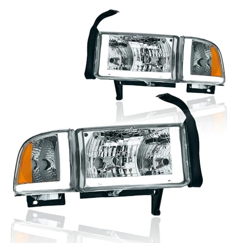DimFlux LED DRL Headlight Assembly Headlights Kit Compatible with 1994-2001 Dodge Ram 1500/1994-2002 Ram 2500 3500(DONT Fit SPORT Models or Ram VAN Models) Headlamp Chrome Housing Amber Reflector