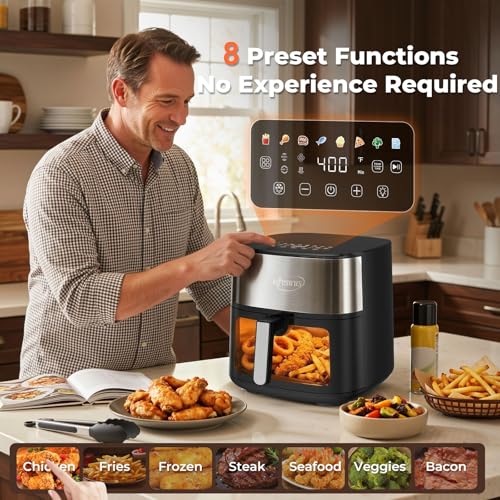 Image of Air Fryer 8 in 1, XL 8.5 QT Large Airfryer with View Windows,MAX 400℉ for Crispy, 85% Less Oil, Fast Roast, Preheat, Shake, Bake, Non-Stick Basket for Easy Clean, With Professional Recipes