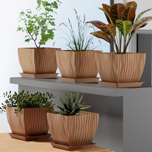 Image of ELUVIA 7-inch Square Planters with Saucers (Set of 5) - Modern Fluted Flower Pots with Drainage Holes and Trays - Premium Plastic Indoor Outdoor Plant Pots for Succulents, Flowers (Wooden)
