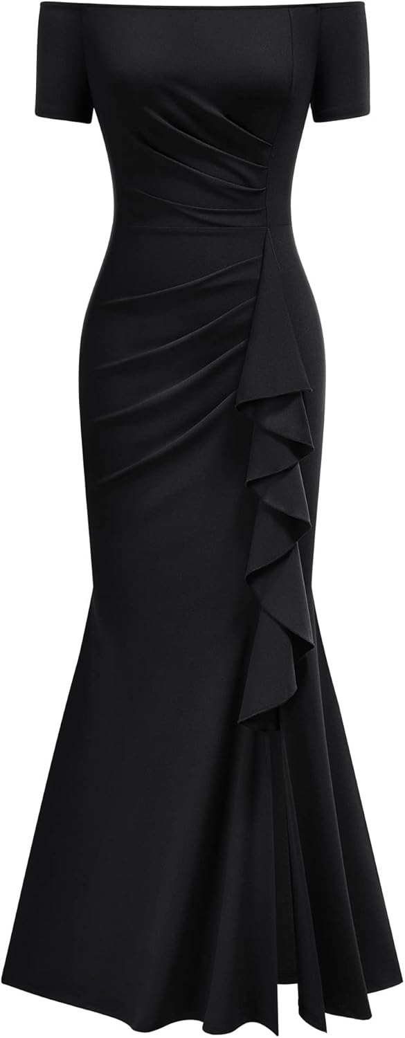 AISIZE Women's Elegant Off Shoulder Ruffle Formal Evening Long Dress - Image 4