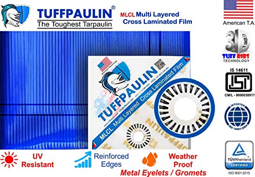 Image of TUFFPAULIN 12FT X 9FT 120 GSM Blue Heavy Duty Tarpaulin Tirpal Tadpatri Tharpai Thadika, Extra Strong, Eyelets, UV Resistant, 100% Waterproof Virgin, 6 Layer MLCL 3D Rib Technology-1 No.