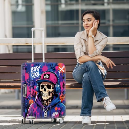 Image of Skull Luggage Cover Protective Suitcase Protector with Graffiti Art, Elastic Washable Travel Baggage Cover Fits 32-34 Inch Suitcase, Cool Hip Hop Skull Design for Men Women,XL