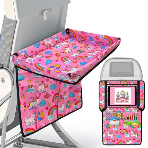 Adjustable Kids Tray Table Cover with Multi Portable Pockets Airplane Travel Essentials for Kids Toddlers Adults Airplane Must Haves Plane Travel Essentials Travel Tray for Plane Train Horse