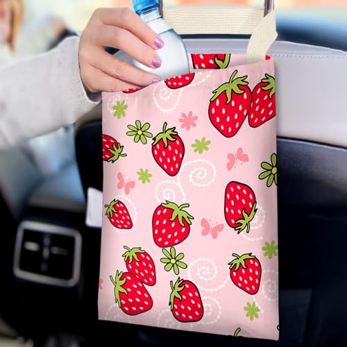 Image of Car Trash Bag Hanging No Snap Small Garbage Bag for Car Back Seat Cute Printed One-handed Strap Trash Bags Car Accessories-Strawberry Car Trash Bags