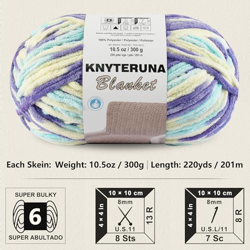 Image of #6 Super Bulky Blanket Yarn for Crocheting - 4 Skeins(Each 10.5oz /300g, 220yds /201m), Chunky Chenille Thick Plush Big Soft Yarn for Crocheting Knitting Blankets, Purple & Yellow & Blue