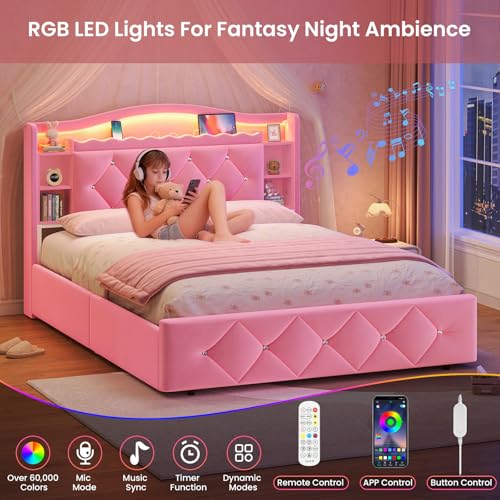 Image of DICTAC Full Size Bed Frame for Girls with 4 Storage Drawers, Bookcase Headboard, LED Lights and Power Outlets, Diamond Tufted Velvet Upholstered Princess Platform Bed, Heavy-Duty Metal Support, Pink