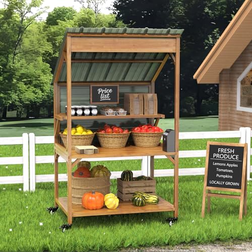 GDLF Farm StandWooden Farmers Market Stand with Metal Roof for Farmhouse Decor Events & Small Business Display
