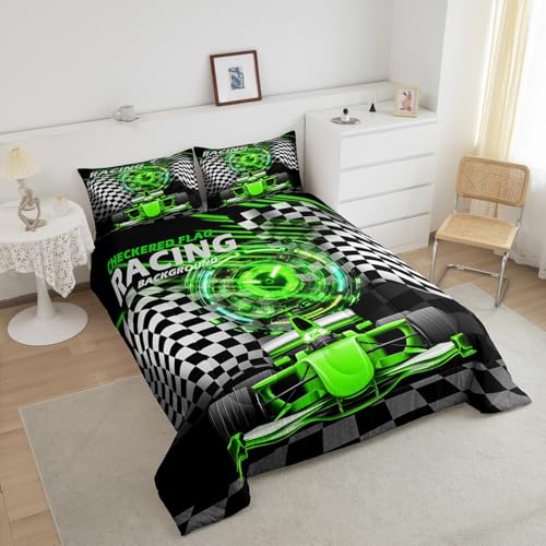 Image of Feelyou Kids Green Racing Car Bedding Set Twin Size, Extreme Sports Comforter Set Boys Girls Karting Road Duvet Insert Teens Bedroom Decor Microfiber Bed Set