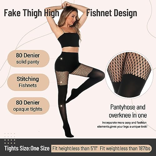 MANZI Womens Faux Thigh High Fishnet Stockings Stitching Opaque Pantyhose Mock Over the Knee Goth Striped Suspender Tights