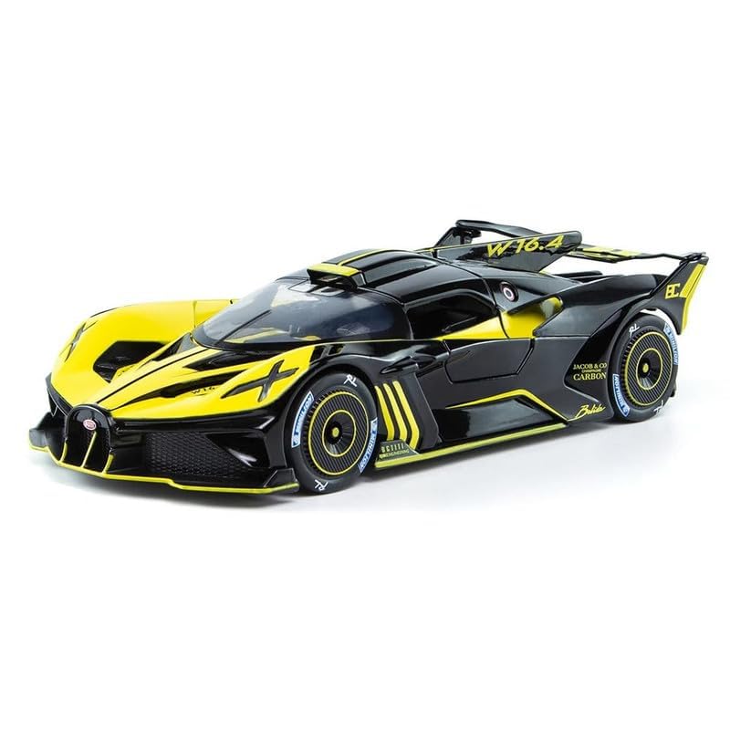 Image of PINQUE Kids New Car 1:24 Big Bugatti Bolide Diecast Alloy Metal Pull Back Car with Openable Doors Music Sound and Light Vehicle Toy Car for Boys (Yellow)