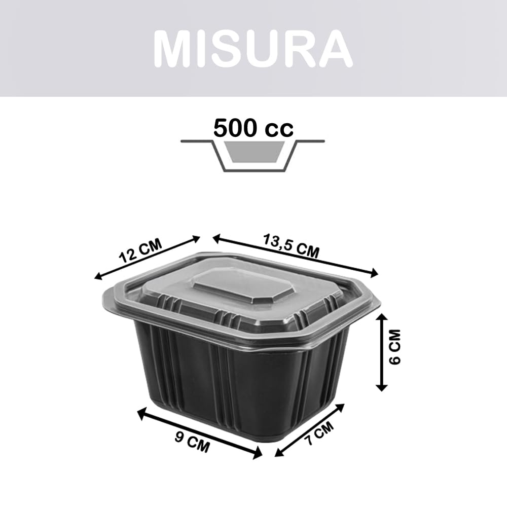 GM 200 Pezzi - Contenitori Ermetici Neri per Alimenti, Formato 500 Ml, Contenitore Termico per Alimenti Caldi Con chiusura Ermetica Salvaliquidi, Utilizzabili in Forno Microonde, Riutilizzabili.