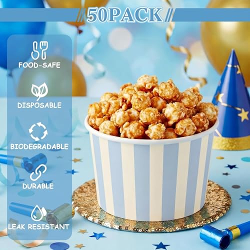 Image of Zopeal 50 Count Light Blue Striped Ice Cream Cups Disposable Dessert Bowls