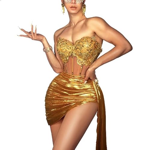 SXHEYUY Gold,M, Fashion Bodysuit Women Sparkly Diamante Fringe Bodysuit Sexy Dance Clubwear Party Leotard Drag Queen Costumes Dress
