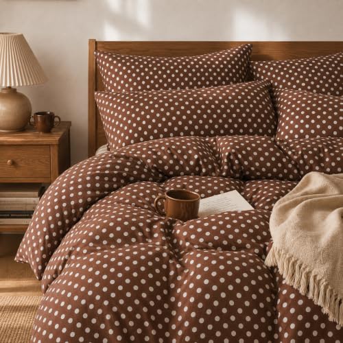 Freyamy Bettwäsche 155x220cm 2tlg Braun mit Creme Polka Dot Bettwäsche – Ansicht 1