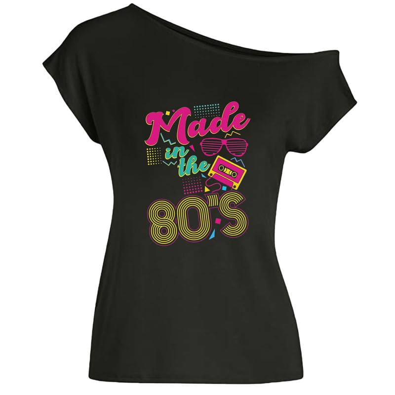 2023 nuove donne in stile Y98 che amo gli anni '80 fuori dalla spalla magliette discoteca costumi anni '80 top t-shirt vintage donna, Nero , L