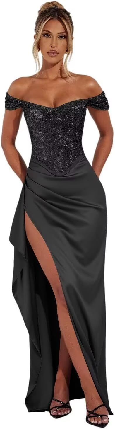 Women's Off Shoulder Sequin Prom Dresses 2026 with Slit Ruffle Long Mermaid Satin Pleated Bodycon Formal Evening Gowns