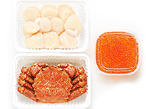 毛がに・帆立・イクラセット (北海道産) ボイル姿毛蟹・刺身ホタテ・いくら醤油漬け (海鮮丼や海鮮手巻きに最適) 毛ガニ・ホタテ貝柱・イクラしょうゆ漬け (北の海鮮めぐり)