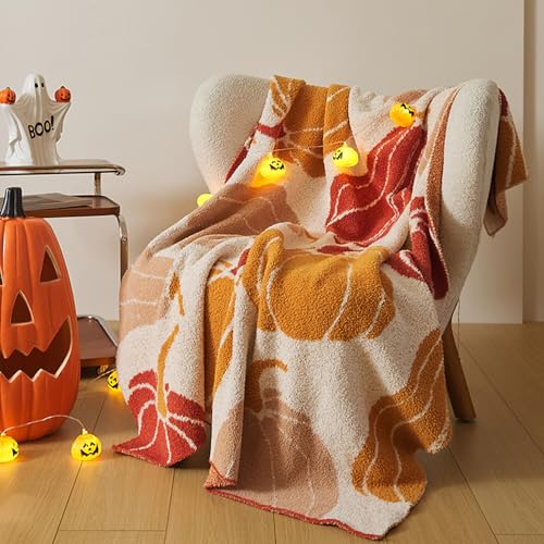 Pumpkin Throw Blanket for Couch 50x60 Fall Halloween Blankets Soft Cozy Reversible Textured Fleece Fluffy Blanket for Bed Sofa Autumn Home Decor
