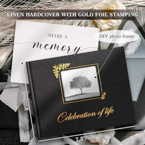 Image of Lanpn Funeral Guest Book for Memorial Service, Linen Celebration of Life Registry Guest Book with Open Window, Memory Book for Funeral with Table Sign, Funeral Favors Sign in Books for Guests, Black