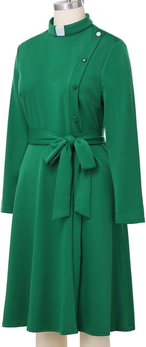 FAD-4U Church Clergy Dress for Women Spring/Autumn Long Sleeve Rows Buttons A Line Dress with Tab Collar and Belt - Image 2