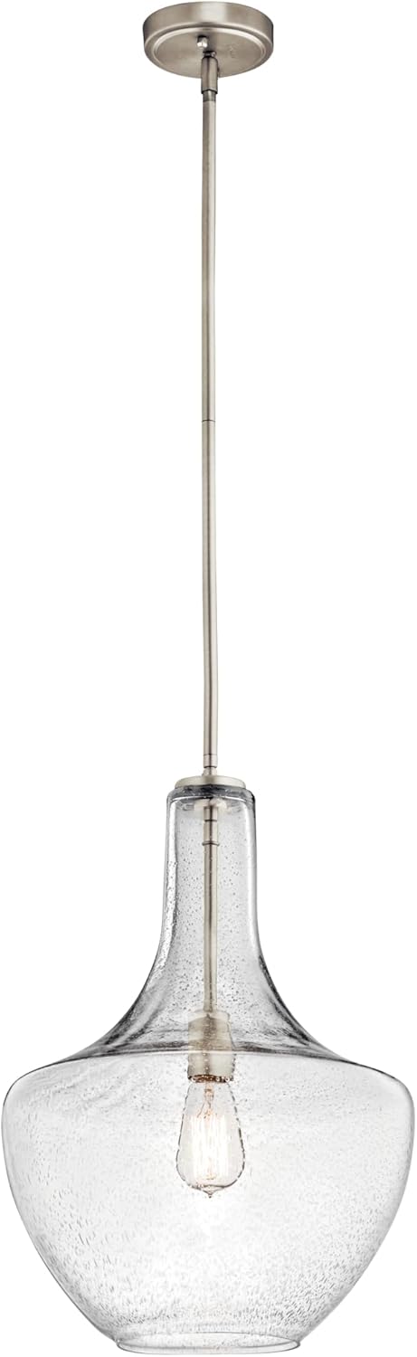 Kichler Everly 19.75" Kitchen Bell Pendant in Brushed Nickel, 1-Light Clear Seeded Glass Pendant Light, (19.75" H x 13.75" W), 42046NICS