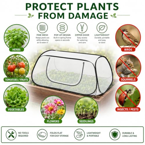 Raised Garden Bed Cover, 45.3 x 21.7 x 17.7 in Pop Up Mesh Plant Netting Cover with Zipper Door and Stakes, Garden Cover for Raised Beds, Vegetables, Seedlings, Strawberries by Generic - Used condition - Image 2
