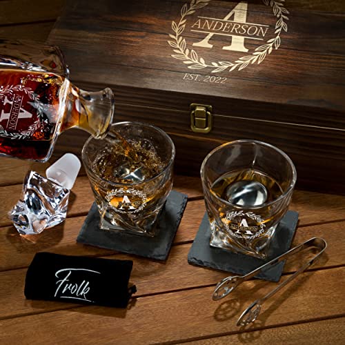 Personalized Whiskey Decanter and Stones Set - Customized Gift for Him - Men, Dad, Father - Engraved Twisted Decanter,2 Twisted Glasses, 2 XL Chilling Balls, Coasters, Tongs in Wooden Gift Box - Image 6