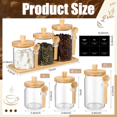 Image of Suclain 3 Pcs Glass Coffee Container Set, 13.5,20,25 oz, Natural Bamboo | Coffee Tea Sugar Canister Set, Airtight Jar Food Storage with Wood Spoon Tray Labels, Kitchen Counter Bar Organization