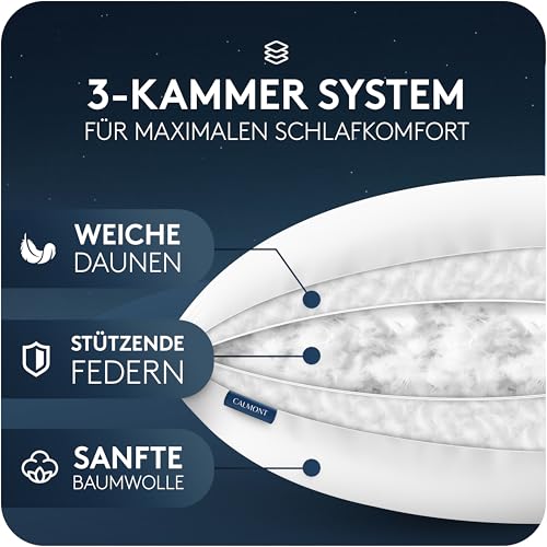 CALMONT 3-Kammer Daunenkissen 80x80 I flauschig & Allergiker geeignet I Langlebig & Atmungsaktives Bettkissen I Federkopfkissen I Federkissen 80 x 80 cm Kopfkissen Daunen