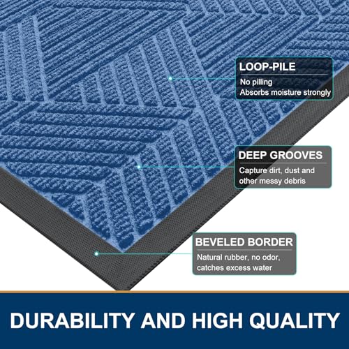 Smiry Front Door Mat Outside Entrance, Heavy Duty Sturdy Natural Rubber Doormat, Trap Dirt and Moisture, Easy Clean Low Profile Welcome Floor Mats for Indoor Outdoor Entry, 59x24 Inch, Blue