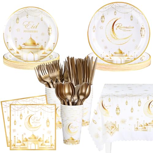 Baderke 169 Pcs Eid Mubarak Party Supplies Ramadan Mubarak Tableware Set Includes1 Eid Mubarak Tablecloth and Paper Plates Cups Napkins Plastic Cutlery for 24 Guests (White)