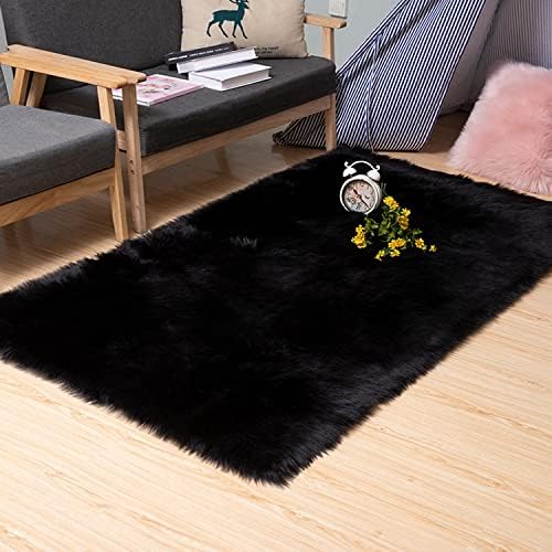 Faux Fur Sheepskin Area Rug, Baby Bedroom Rugs Fluffy Rug Home Decorative Shaggy Rectangle Carpet, 2x3 Feet, Black