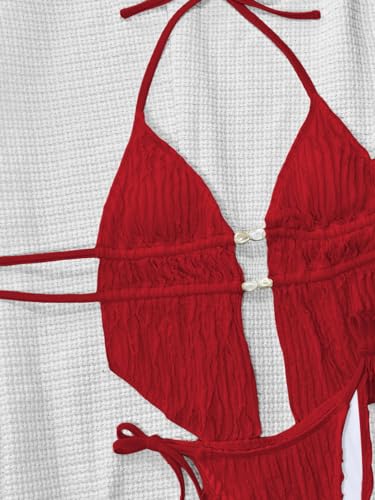 Image of RoseSeek Women's 2 Piece Boho Polka Dots Beaded Bikini Sets Sexy Swimsuits | Halter Swimsuits, Backless, Textured, Tie Side, Tankini Set, Bathing Suits, Summer, Vacation