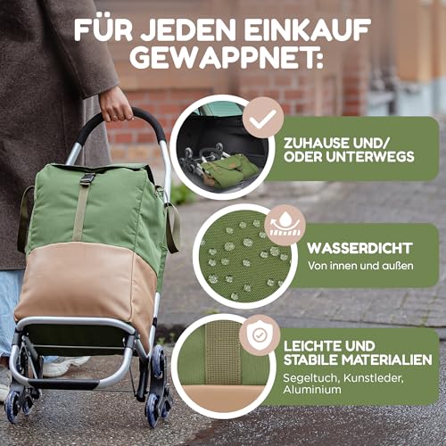 TrayTrol Einkaufstrolley klappbar mit Treppenläufer - Einkaufen ohne Schleppen - Einkaufswagen, Einkaufsroller, Trolley Shopper, Einkaufstasche Rollen, Hackenporsche, Shopping Trolley Bag (grün/beige) – Bild 5