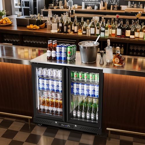 Image of BODEGACOOLER Back Bar Cooler with 2 Glass Doors,7.7 Cu.ft Commercial Back Bar Beverage Refrigerator Counter Height,LED Lighting for Soda Drinks,Beer,Wine Stainless Steel Top,DOE Approved,4 Casters