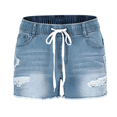 Image of THUNDER STAR Women Mid Rise Ripped Stretchy Jeans Shorts Frayed Raw Hem Casual Denim Shorts