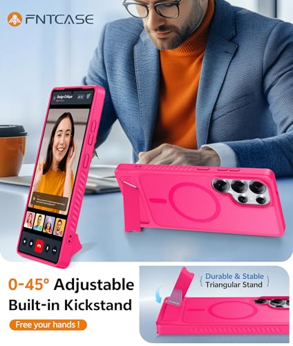 Image of FNTCASE for Samsung Galaxy S25-Ultra Case: [Magnetic Stand] [Compatible with Magsafe] Translucent Matte Military Grade Shockproof Drop Rugged Protective Phone Cover, Hot Pink
