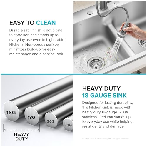 Image of KRAUS Premier 33-inch Drop In /Top Mount 50 /50 Double Bowl with Low Divide 18-Gauge Stainless Steel Kitchen Sink with Strainers (x2), KTM102-33
