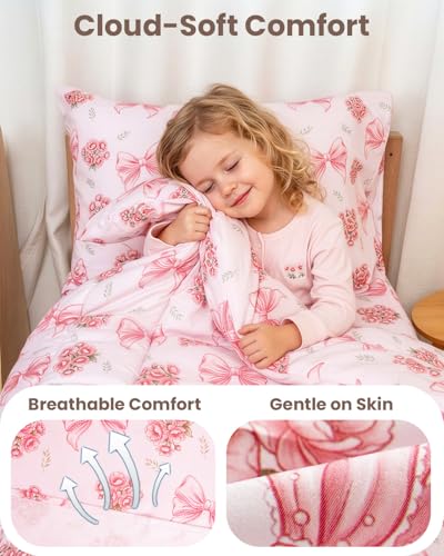 Image of TinyPalsa 4-Piece Toddler Bedding Set, Toddler Bed Comforter Set for Girls | Includes Comforter, Fitted Sheet, Flat Sheet & Pillowcase, , Pink Bow