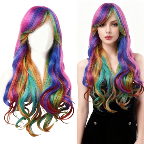 Regenbogen Perücke,Perücke Bunt Lang,Lockiges Wig,Fasching Haare Damen Regenbogen,Geeignet für Cosplay,Karneval,Halloween KostüMparty