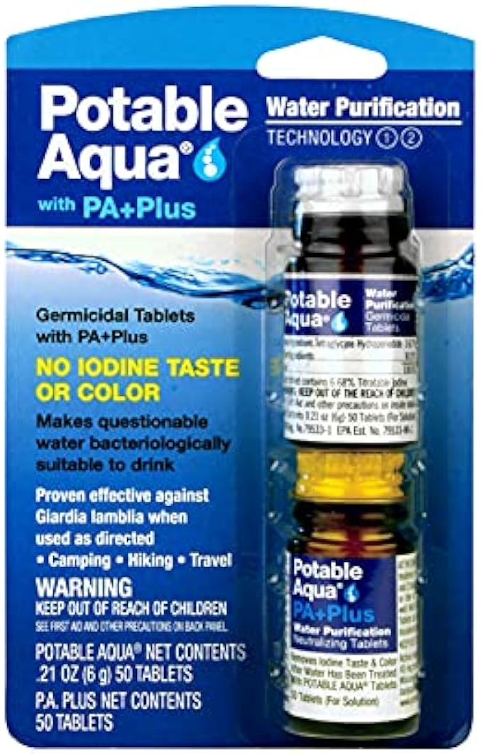 Potable Aqua Water Purification Tablets with PA Plus, Portable and Effective Water Purification Solution for Camping, Hiking, Emergencies, Natural Disasters and International Travel, Two 50ct Bottles