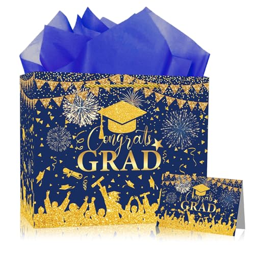 Congrats Gift Bag Class of 2026 - Graduation Gift Bag Blue and Gold Congrats Grad Bags with Card Tissue Paper Envelope Congratulations Gifts Bag for Men Women Student Teacher College Graduation 12 Inch